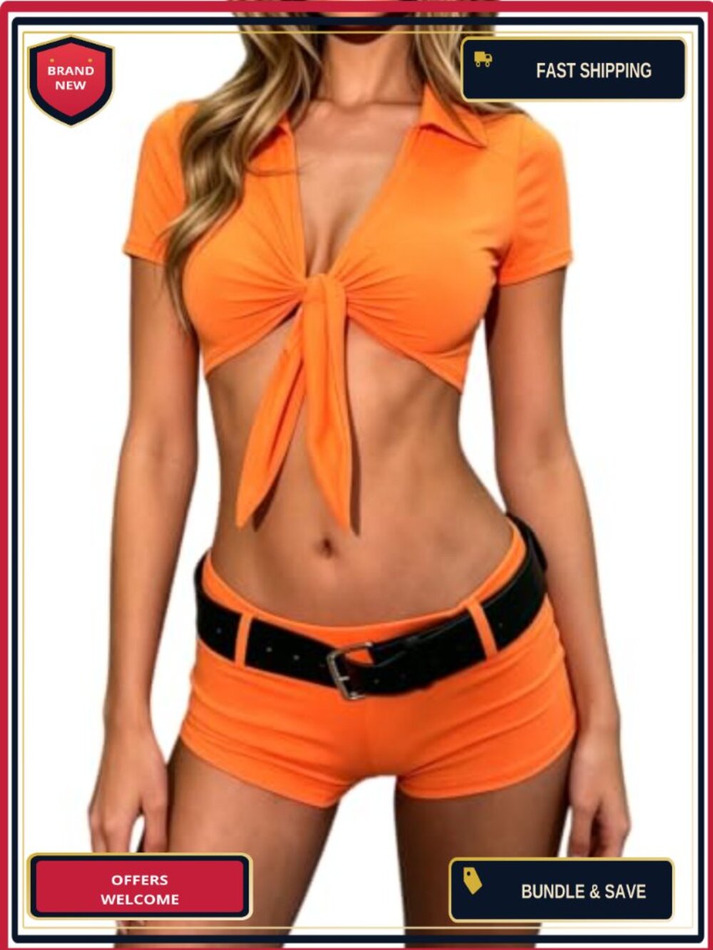 Women's Prisoner Costume Set 2 Piece Crop Top Shorts Halloween Cosplay